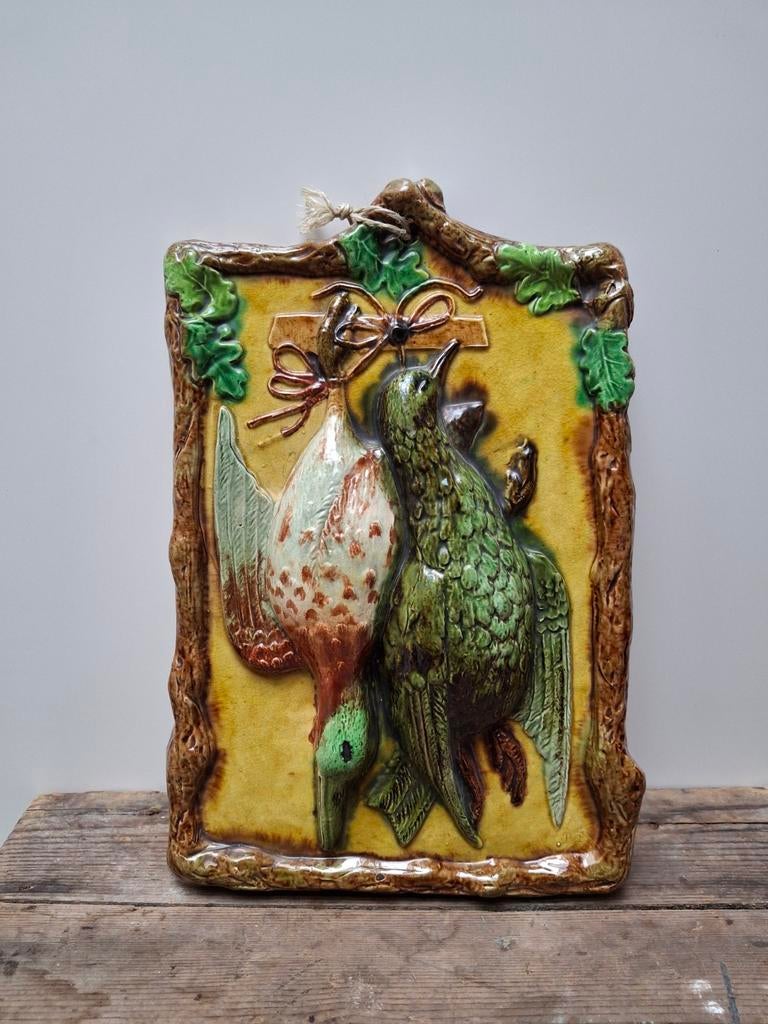 Prachtig Barbotine Majolica wandtafereel met eenden, Antiek en Kunst, Curiosa en Brocante, Ophalen of Verzenden