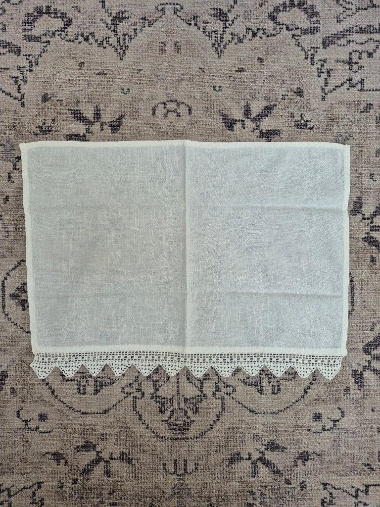 Vintage linnen sierkleedje met gehaakte kanten rand, Ophalen of Verzenden