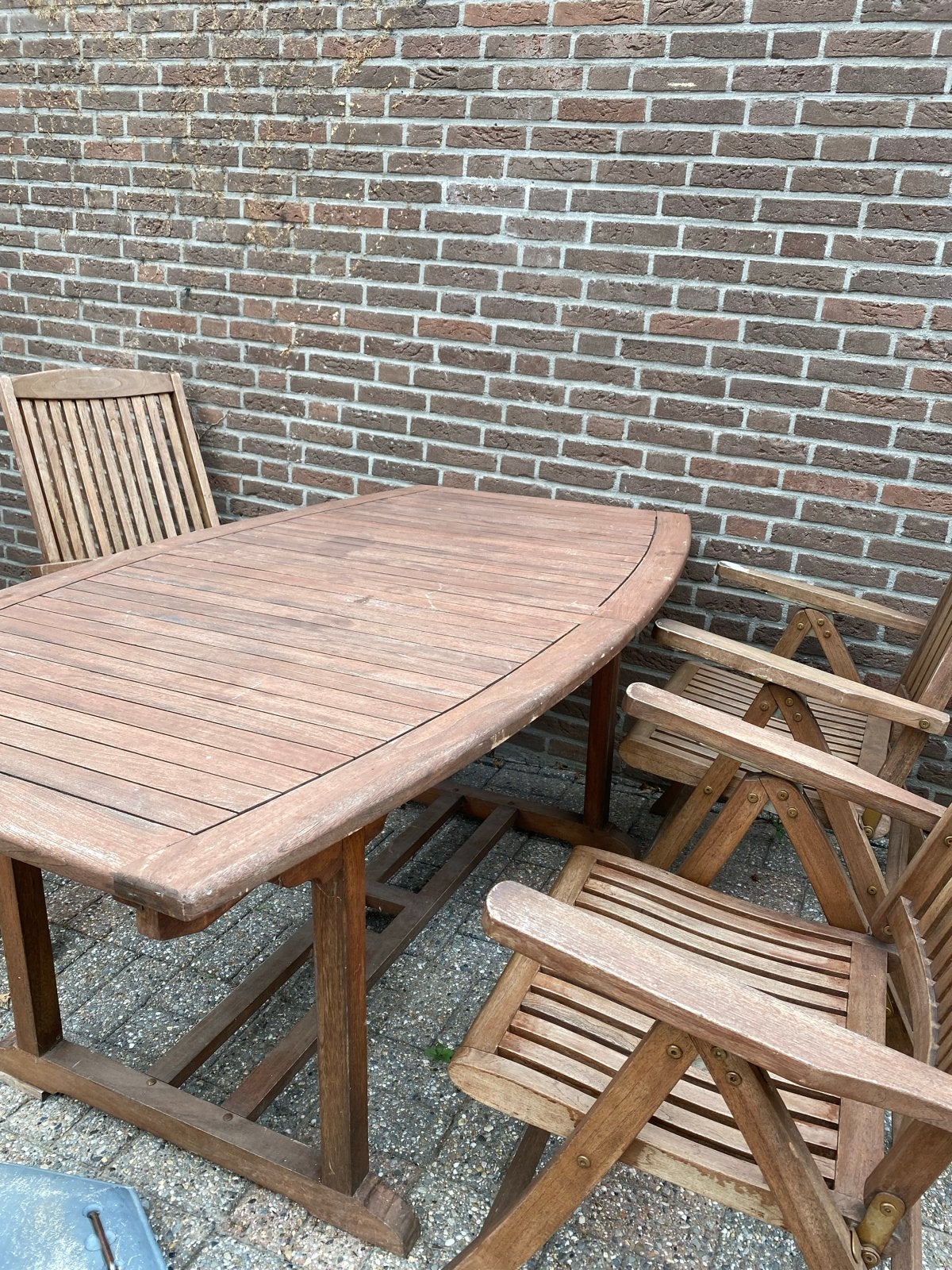 Teakhouten tuinset met uitschuifbare tafel en 4 stoelen, Ophalen, 4 zitplaatsen, Gebruikt, Eettafel
