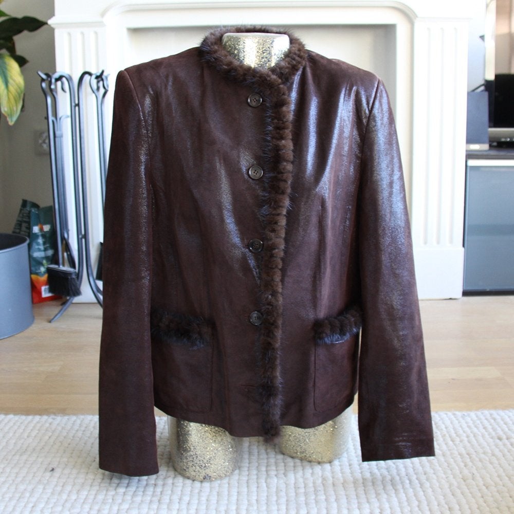 Leren Leather Sound Jas met Mink Bont Rand (L) € 145,-, Kleding | Dames, Jassen | Winter, Bruin, Maat 42/44 (L), Ophalen of Verzenden