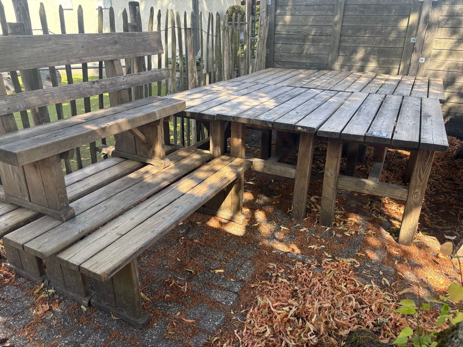 6x houten terras tafel (75€) - 4x houten banken (35€), Ophalen, Gebruikt, Hout