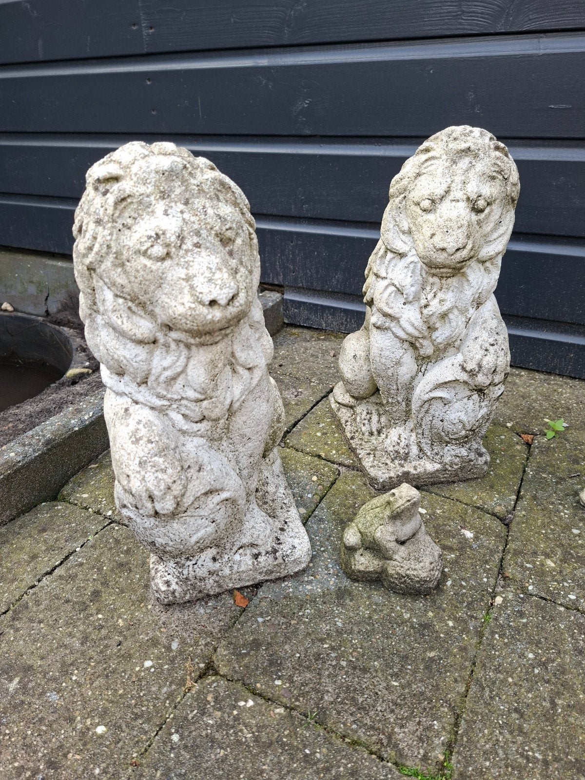 2 decoratieve betonnen leeuwen + kikker voor decoratie, Ophalen