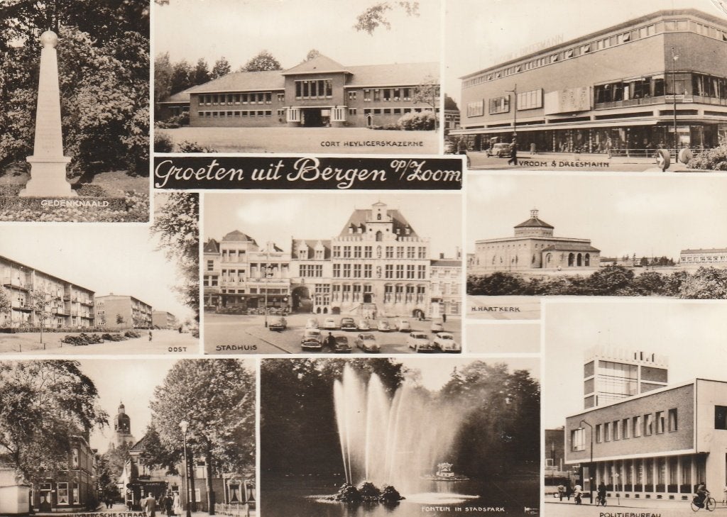 BERGEN OP ZOOM Gedenknaald Kazerne Vroom en Dreesmann gr.f, Verzenden, 1940 tot 1960, Gelopen, Noord-Brabant