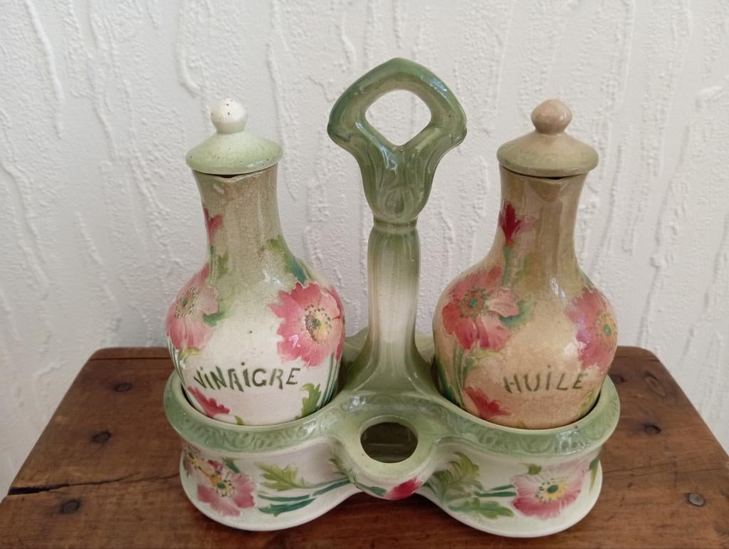 Antieke Barbotine St. Clement Menagère / Olie & Azijnstel, Ophalen of Verzenden
