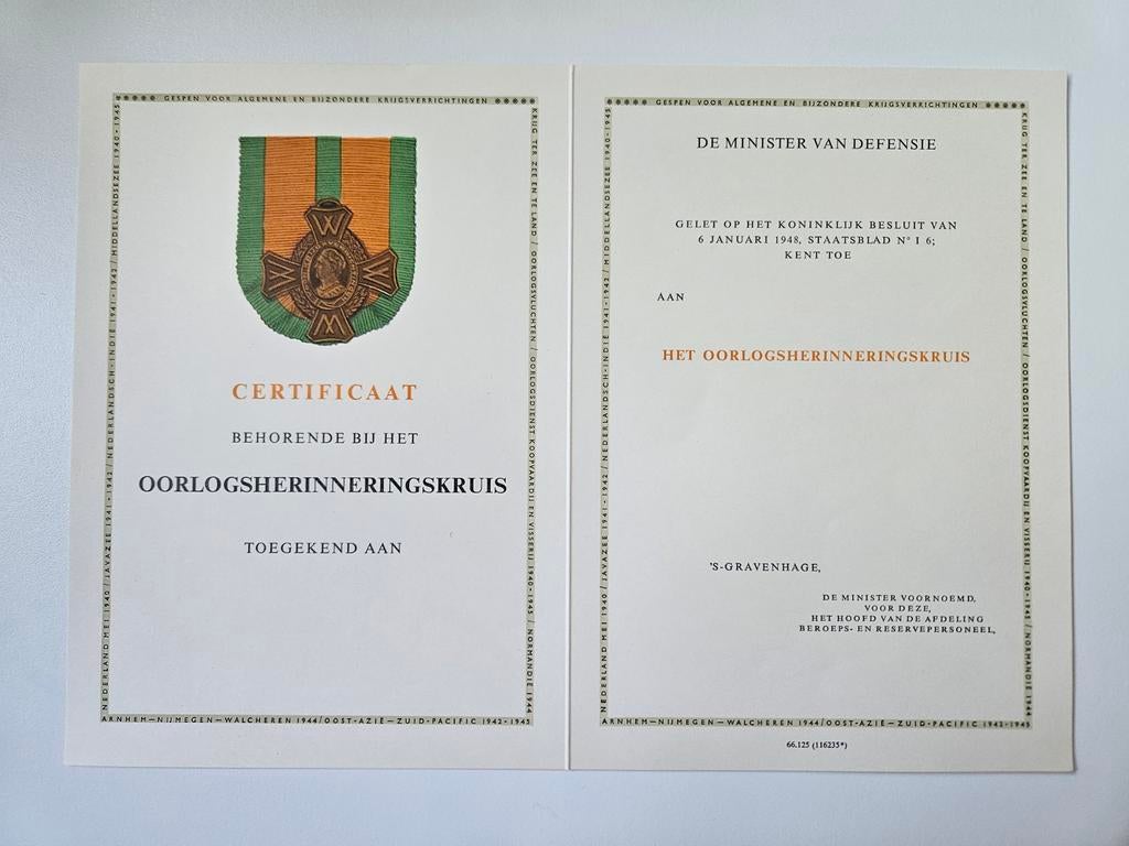 Blanco oorkonde medaille OHK oorlogsherinneringskruis, Ophalen of Verzenden, Landmacht, Nederland, Lintje, Medaille of Wings