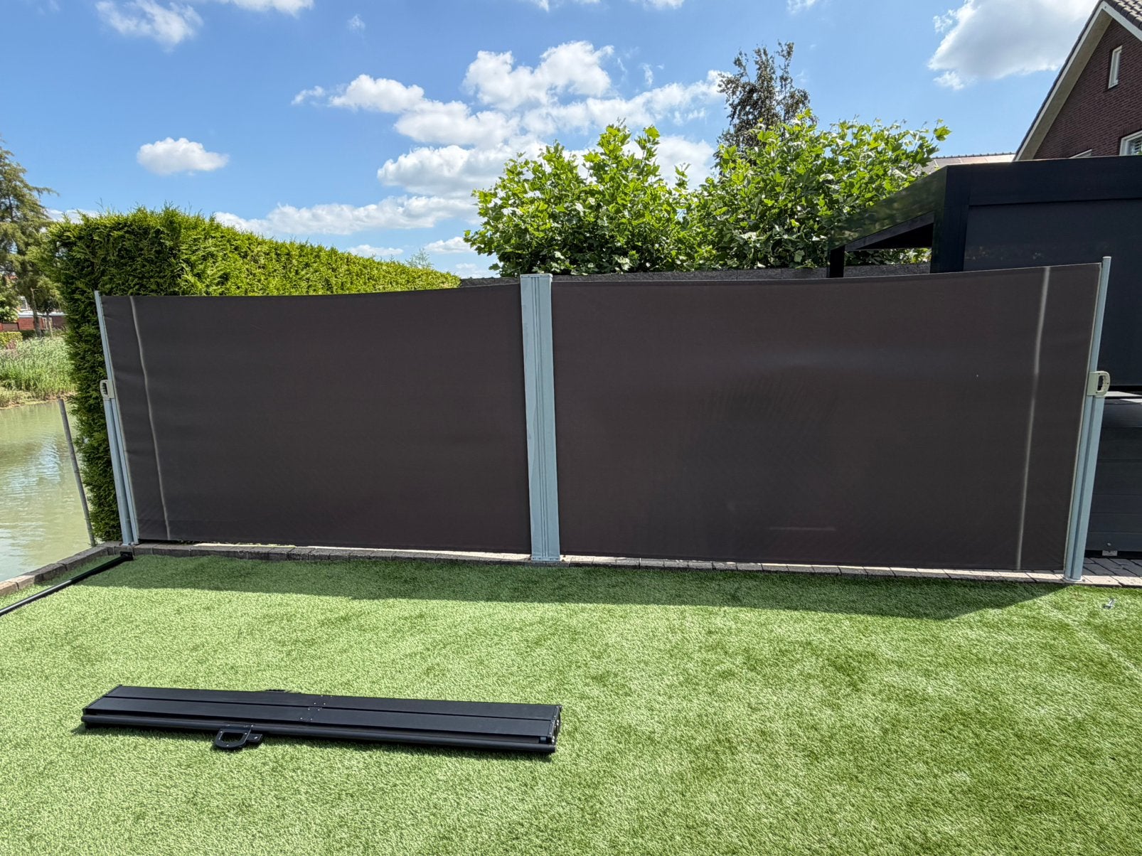 Dubbel windscherm gebruikt., Tuin en Terras, Tuinschermen, Ophalen, Gebruikt, Aluminium, 200 cm of meer