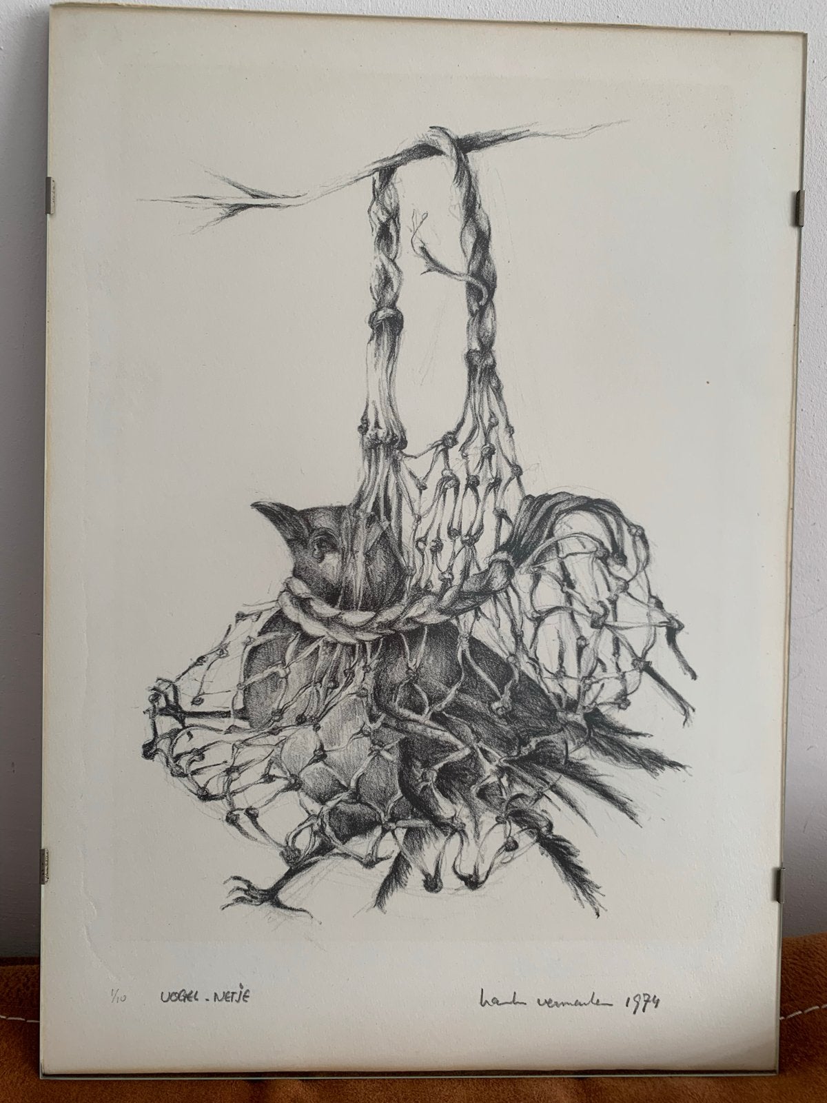 Vogel in Netje - ets 1/10 van H. Vermeulen (1974), Antiek en Kunst, Ets, Ophalen of Verzenden, Flora en Fauna, 42 cm