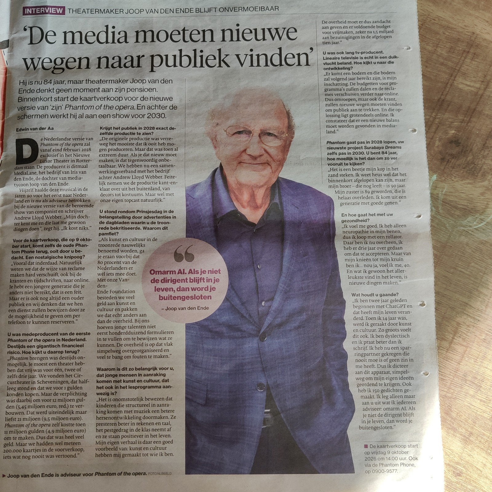 Theatermaker Joop van den Ende krantenartikel, Ophalen of Verzenden