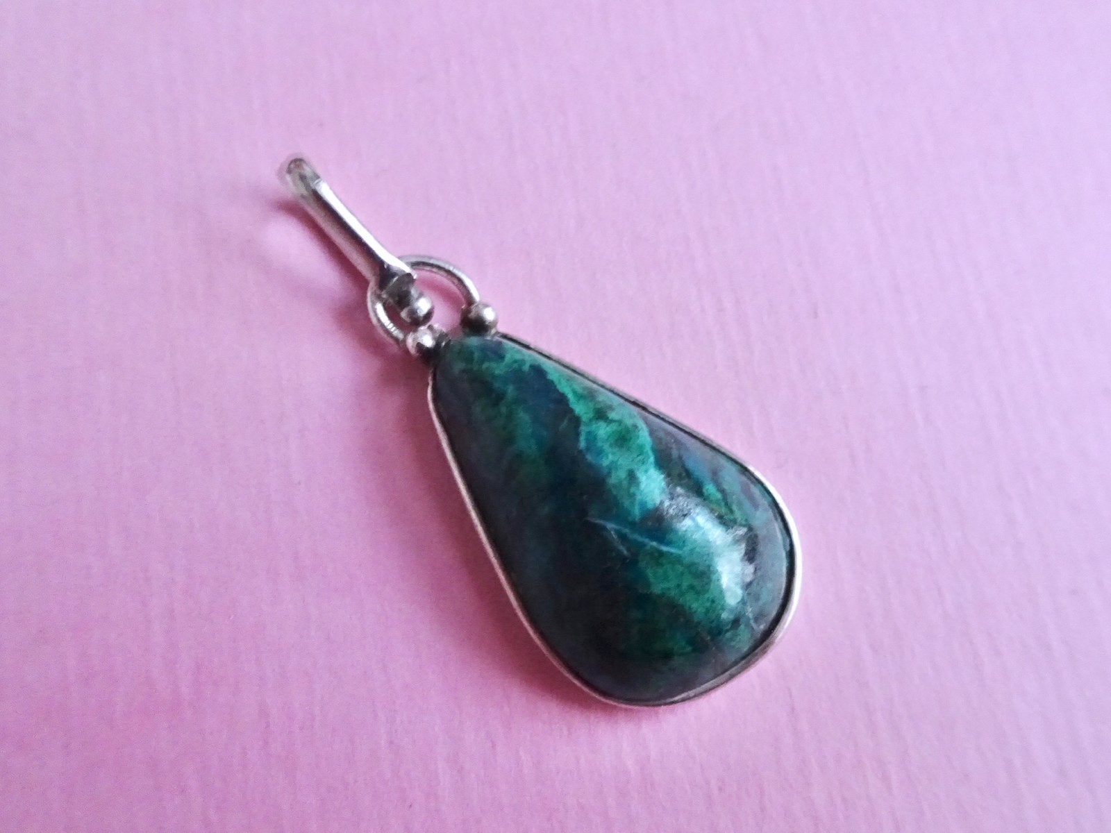 jwg Vintage 60s Malachiet ketting hanger zilver groen steen, Verzenden, Zilver, Hanger, Met edelsteen