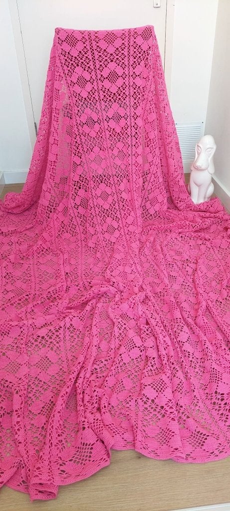 Vintage gehaakt bed sprei / deken fuchsia roze (230x230), Eu, Eu, Tweepersoons, Ophalen of Verzenden