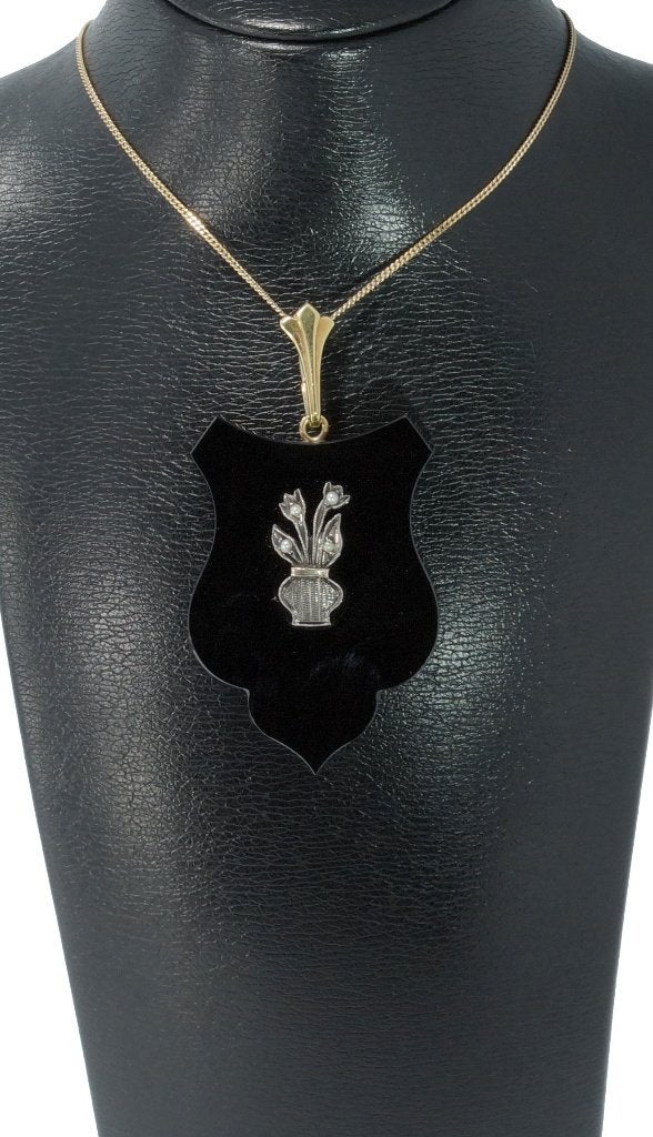 Onyx bloem vaas 14k grote schild hanger ketting goud antiek, Sieraden, Tassen en Uiterlijk, Verzenden, Goud, Hanger, Met edelsteen
