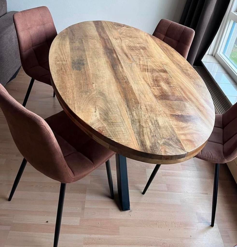 Mooie Mango houten tafel met stoelen, Huis en Inrichting, Complete eetkamers, Ophalen, Zo goed als nieuw, 4 tot 6 stoelen