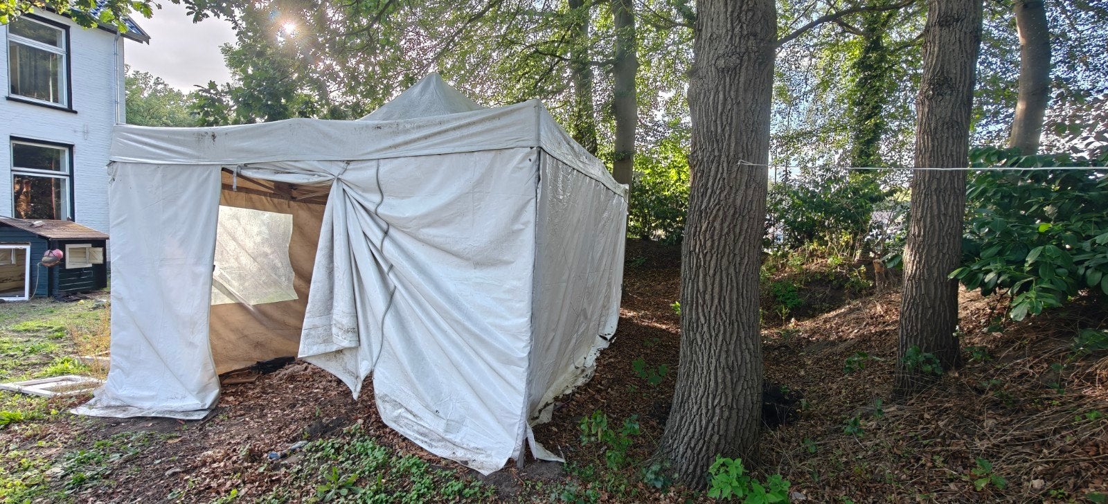 Grote partytent / opslagtent 4x6m - opknapper, Ophalen, Gebruikt