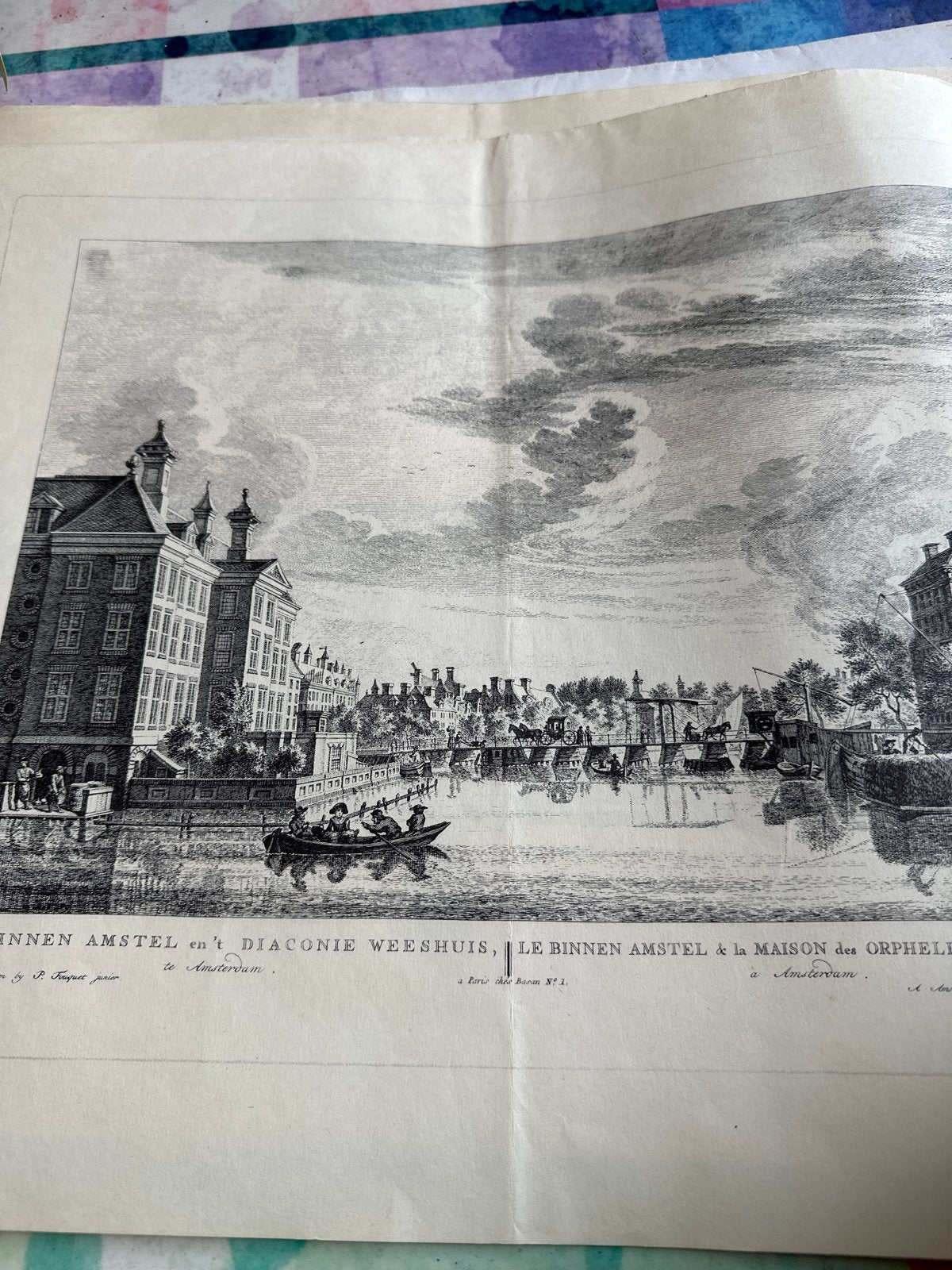 Printen Amsterdam: Binnen Amstel, St. Joris Hof, Antiek en Kunst, Ophalen, Met tekst, Stadsgezicht, Gravure