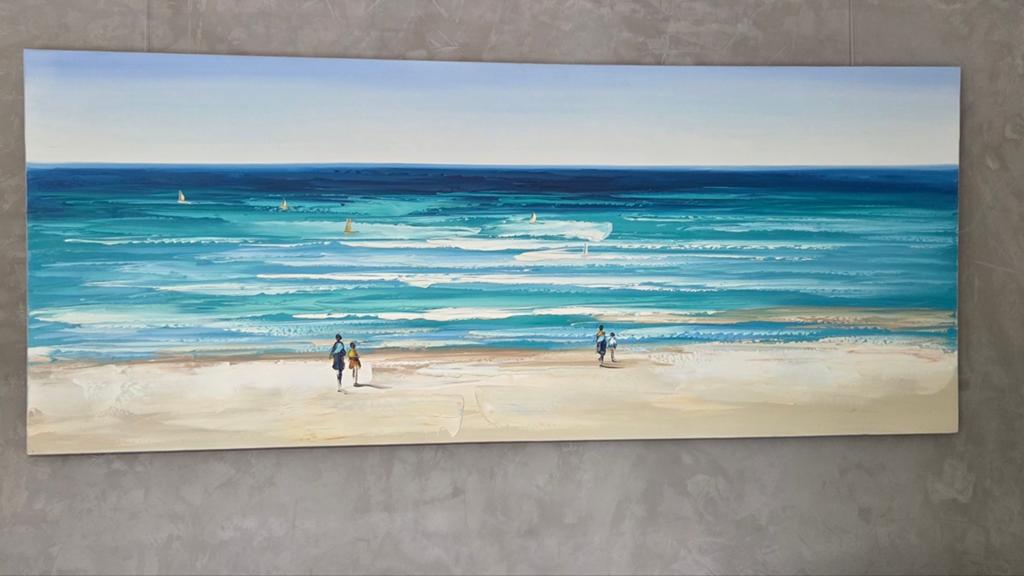 Schilderij: Strandgezicht met turquoise zee en zeilboten, Ophalen of Verzenden