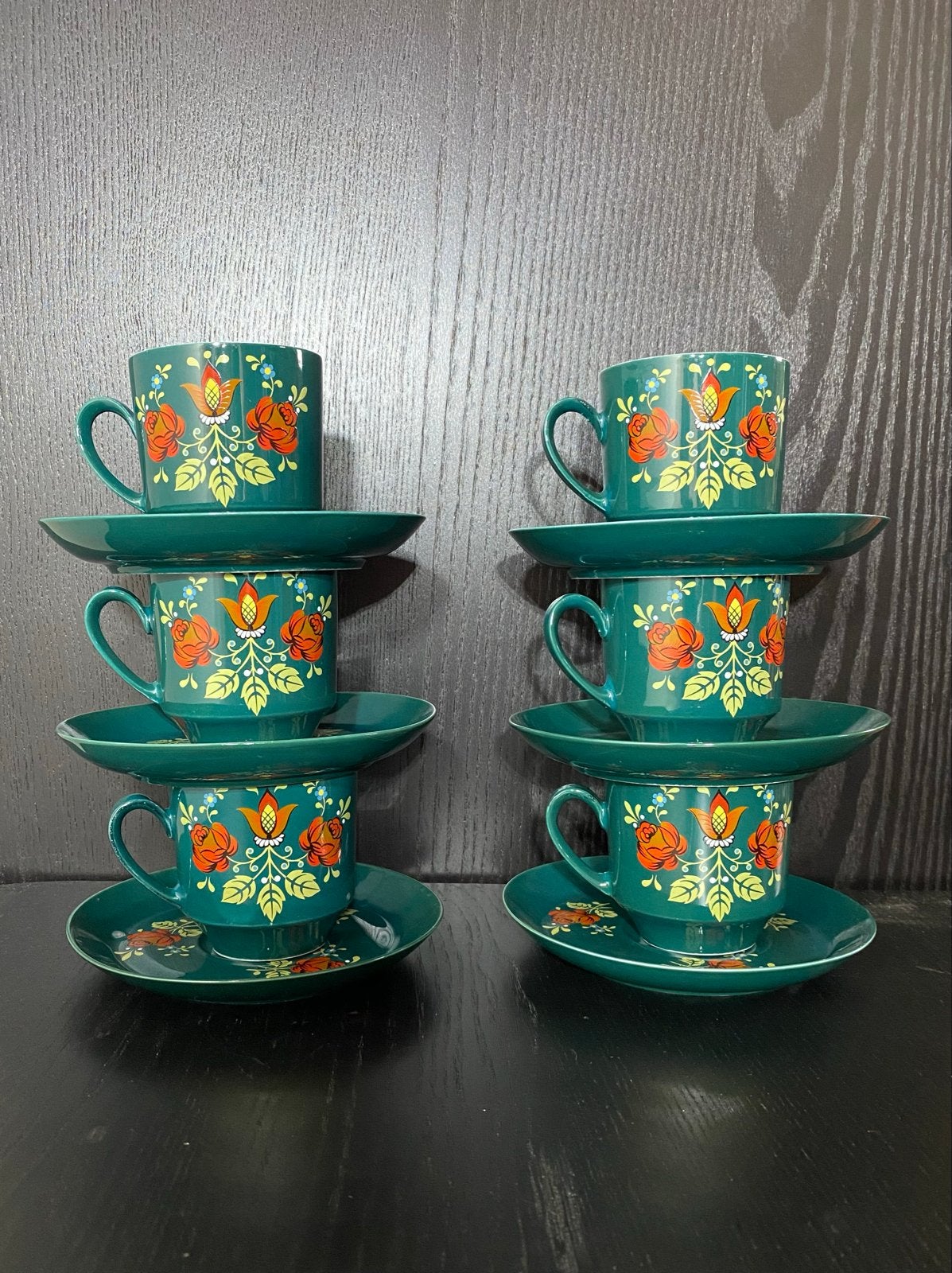 Vintage Rosa Bavaria Servies - Petrolgroen met Bloemen, Ophalen of Verzenden