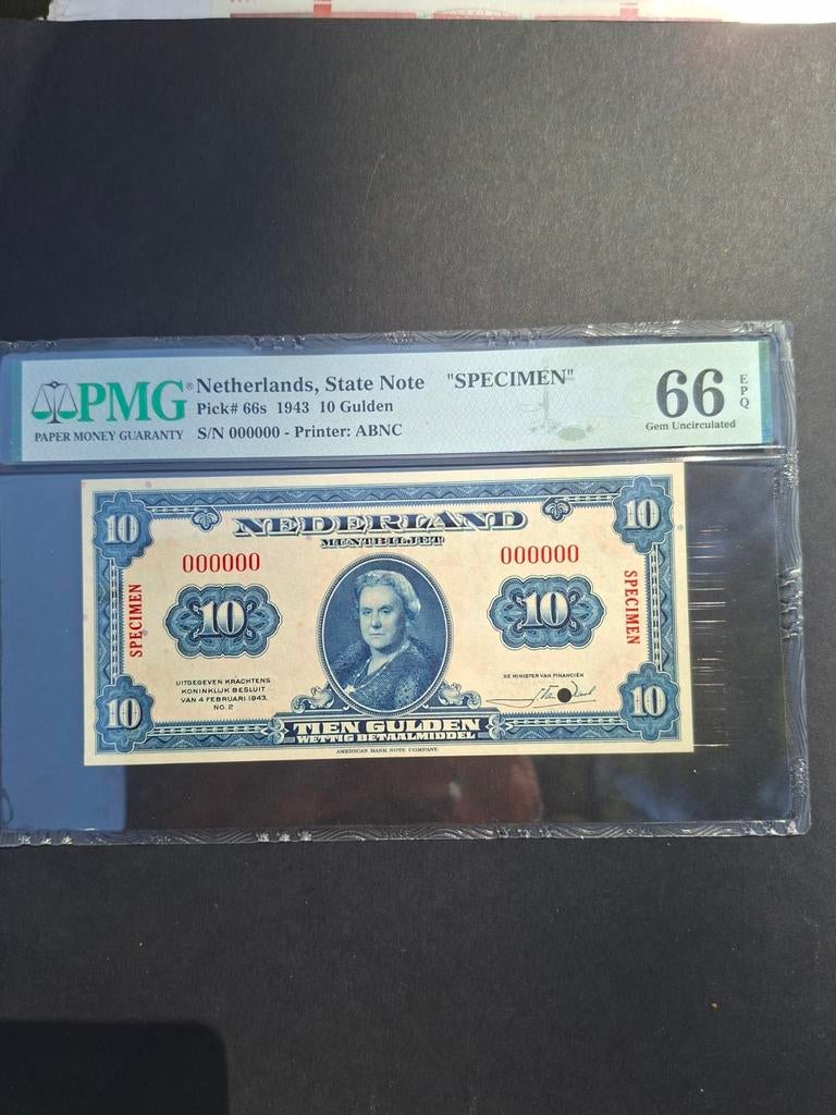 10 gulden Wilhelmina Specimen uit 1943 in UNC gekeurd PMG 66, Postzegels en Munten, Bankbiljetten | Nederland, Ophalen of Verzenden