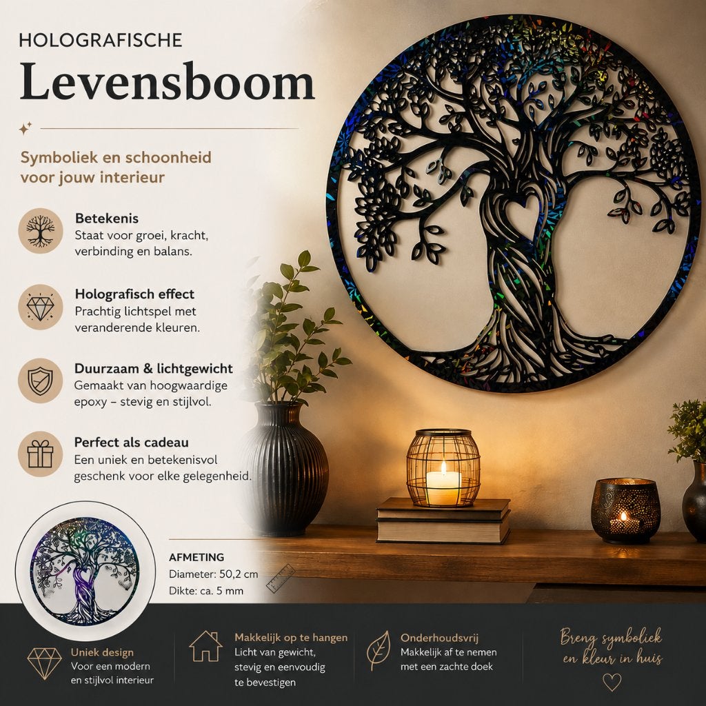 Holografische Levensboom | epoxy | 50,2 cm | wanddecoratie, Zwart, Ophalen of Verzenden, Kunststof, 50 cm