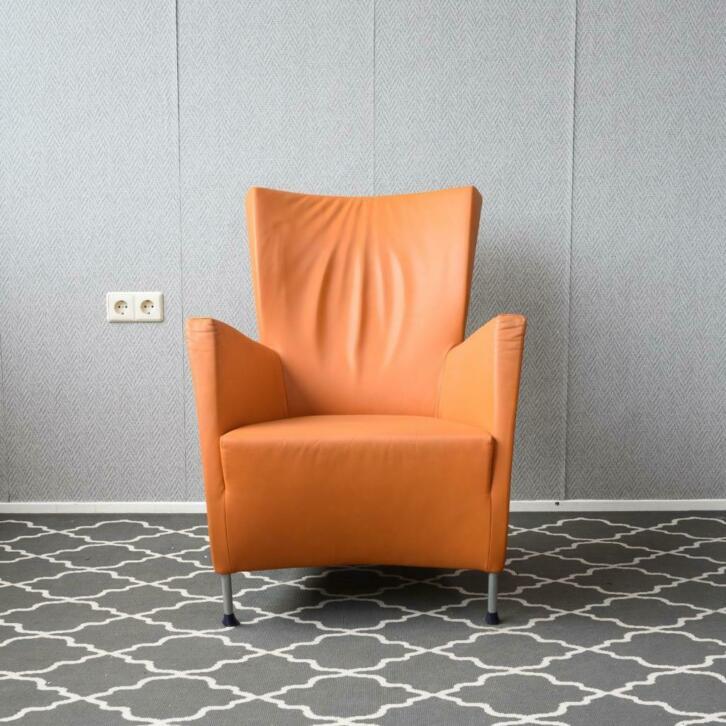 1x Montis Windy fauteuil + bijbehorende hocker - oranje, Niet ingevuld, Niet ingevuld, Leer, Ophalen of Verzenden
