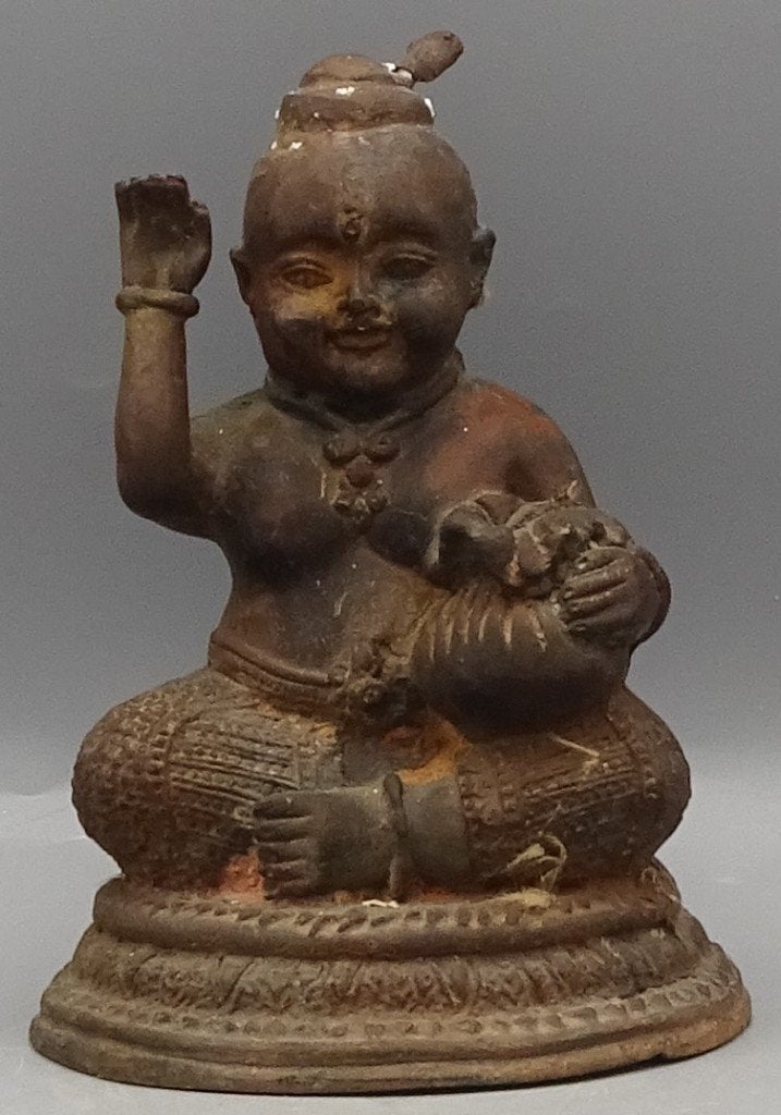 Uniek brons Bala Krishna beeld kind met boterpot 18cm, Ophalen of Verzenden