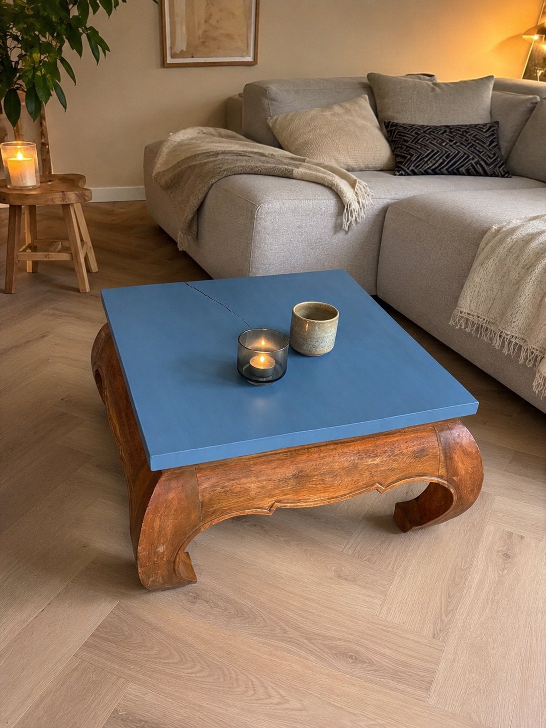 Massief houten opium tafel 70x70, Ophalen, Gebruikt, Vierkant, 50 tot 100 cm