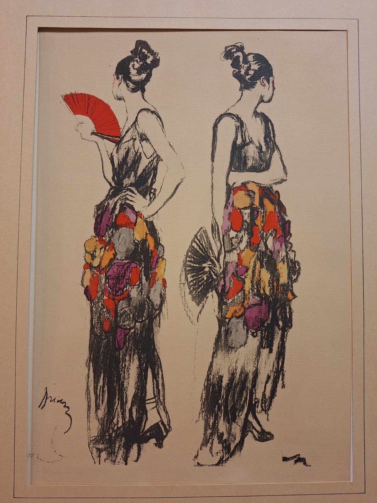 Art Deco Litho: Elegante Dames met Waaiers, Antiek en Kunst, Kunst | Litho's en Zeefdrukken, Lithografie, Gesigneerd, Portret en Figuren
