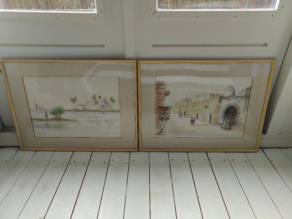Set van 2 ingelijste aquarellen: Ismail Samy, Ophalen, Realistisch, Aquarel, Overige onderwerpen