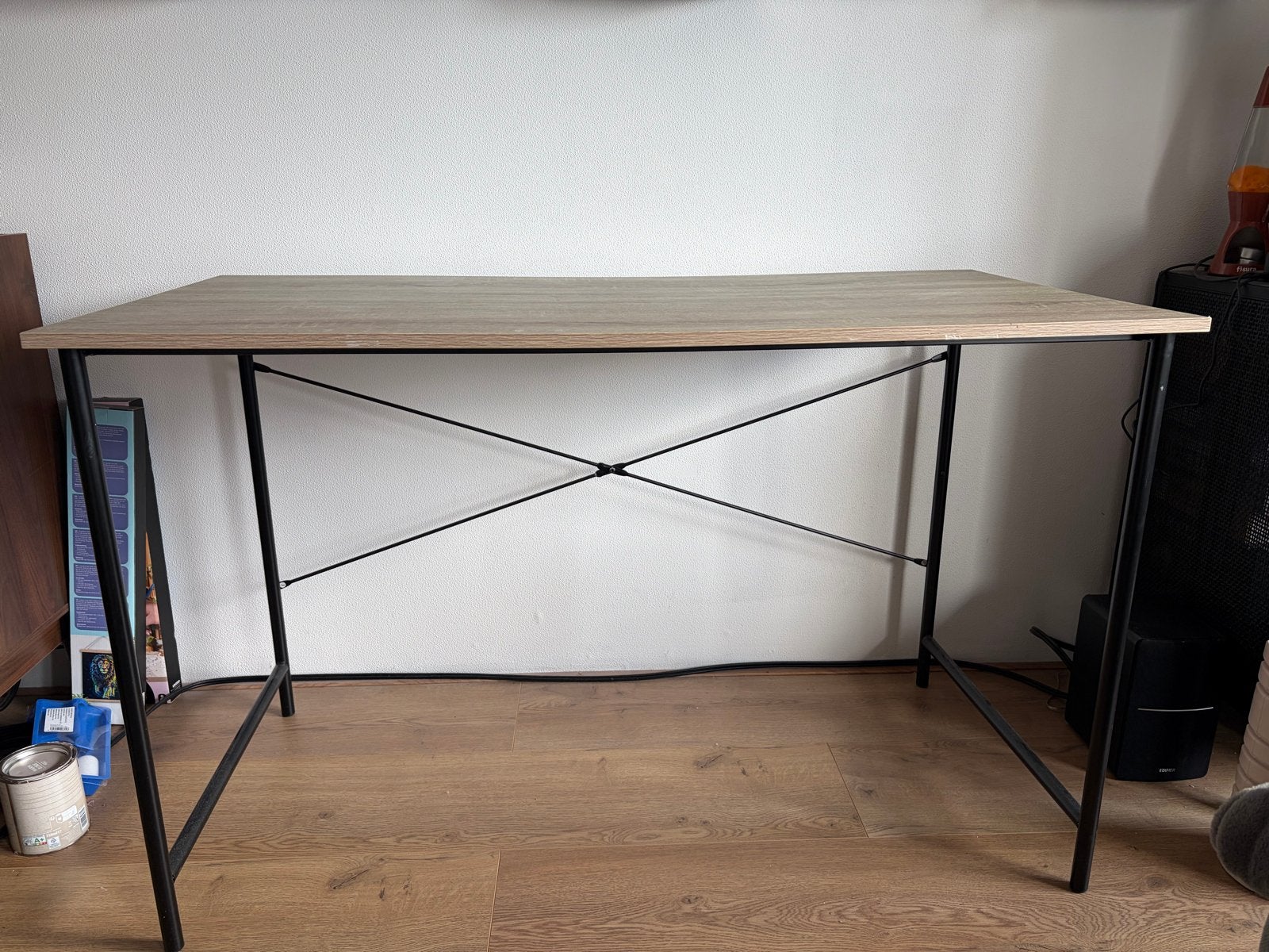 bureau met houtlook blad en metalen frame 60x120, Ophalen, Demontabel, Gebruikt, Hout