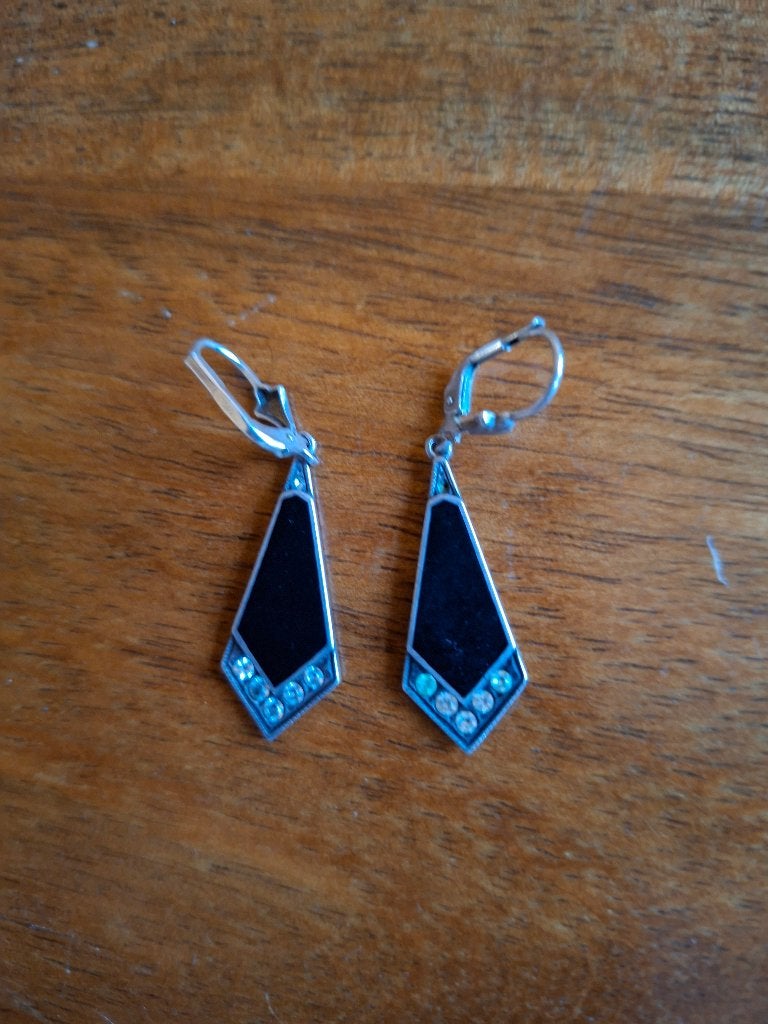 Vintage art-deco geïnspireerde oorbellen, Zwart, Ophalen of Verzenden, Met edelsteen, Zilver