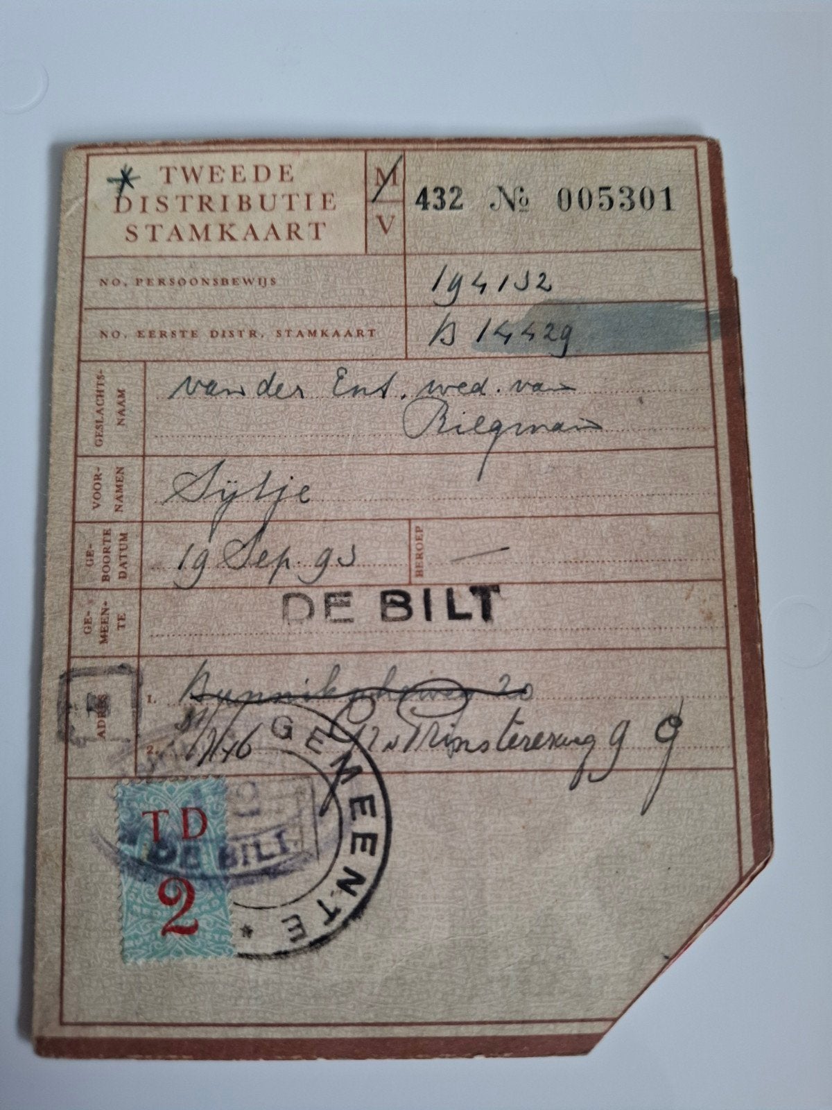 De Bilt distributie stamkaart bonkaart wo2 document, Verzenden