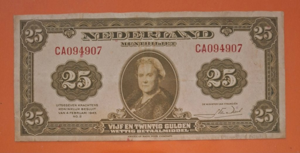 Muntbiljet 25 gulden 1943 A B N C, cat. PL64.a, Postzegels en Munten, Bankbiljetten | Nederland, Verzenden, 25 gulden, Los biljet