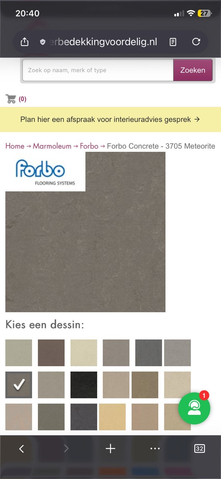 Marmoleum concrete meteorite coupons 22 m2, Ophalen, Zo goed als nieuw, 75 m² of meer, Overige typen