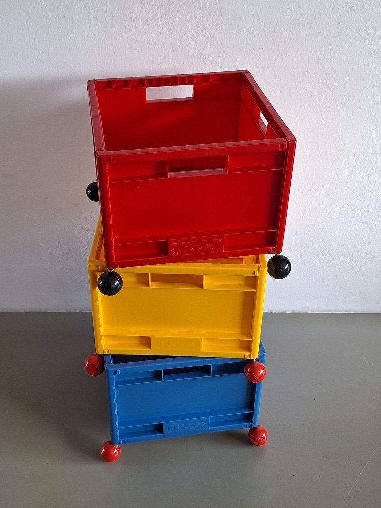 3st vintage Ikea design Märd opberg-box kratje op wieltjes, Gebruikt, 50 tot 100 cm, Ophalen of Verzenden, Minder dan 50 cm