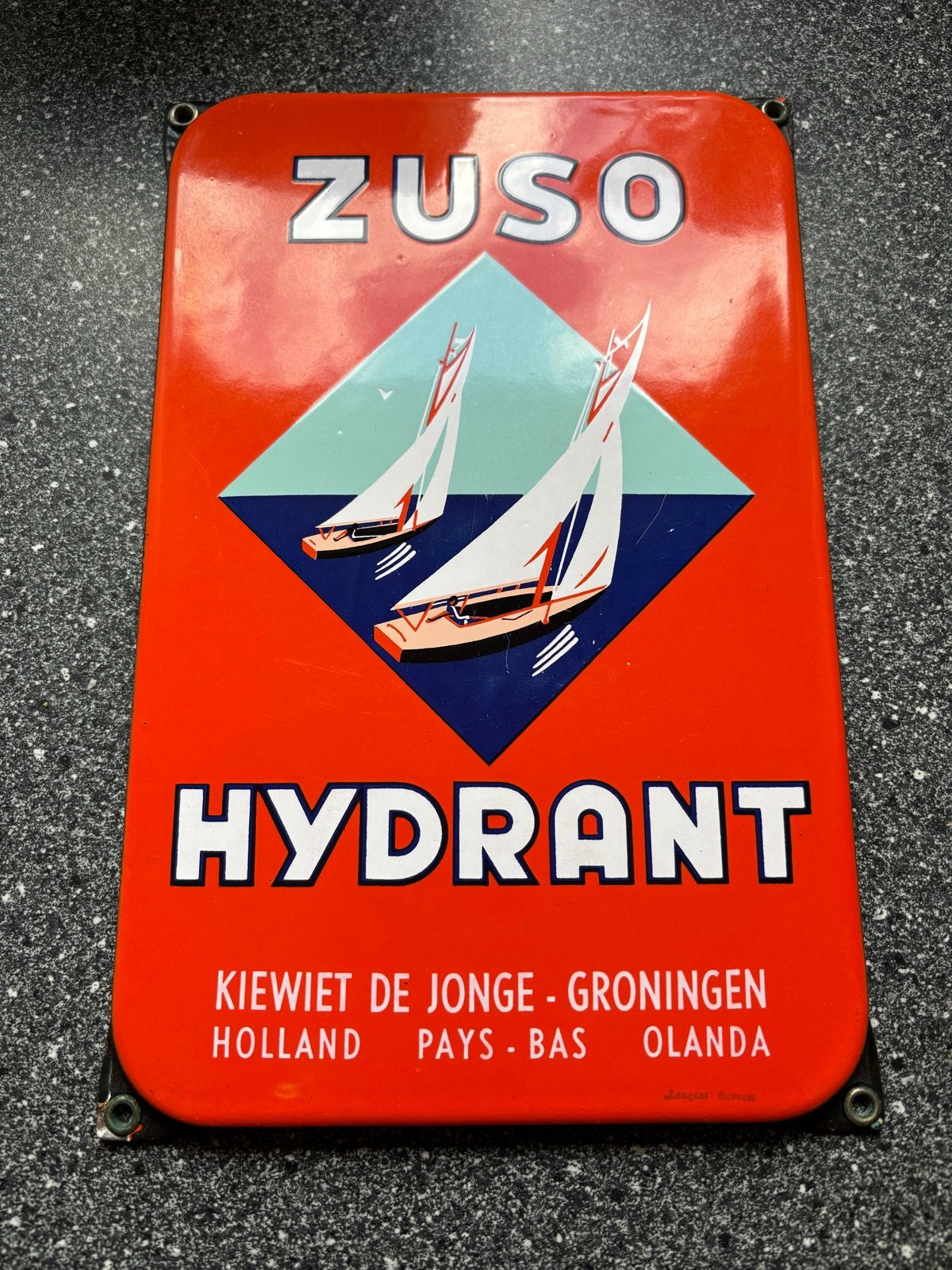 Emaille Reclamebord ZUSO HYDRANT Zeilboten Langcat Bussum, Ophalen of Verzenden