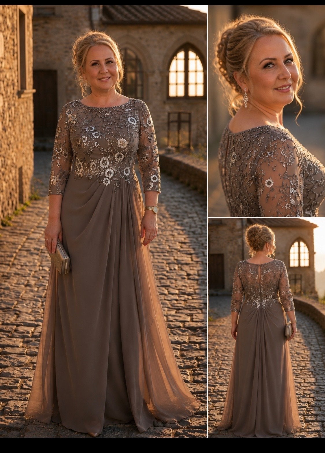 Elegante feestjurk met borduursels - Maat 50, Galajurk, Bruin, Maat 46/48 (XL) of groter, Ophalen of Verzenden