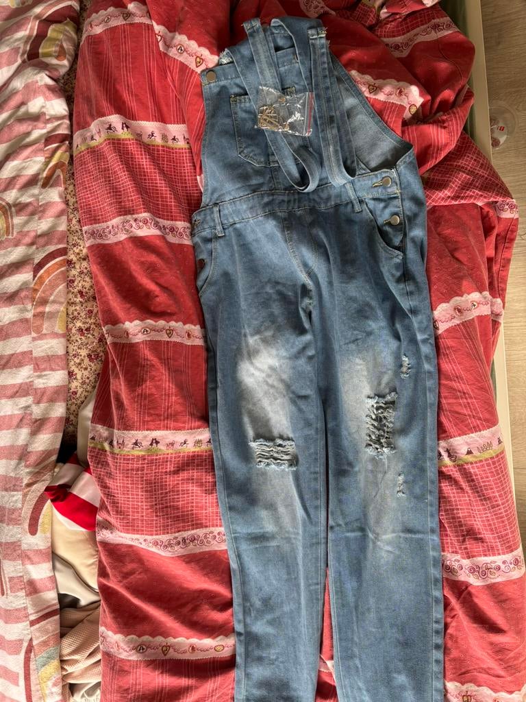 Stoere spijker tuinbroek met gaten - Maat XL, Kleding | Dames, Broeken en Pantalons, Zo goed als nieuw, Maat 46/48 (XL) of groter