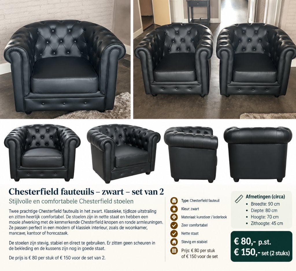 2 zwarte Chesterfield fauteuils €80 p/st of €150 voor de set, Huis en Inrichting, Ophalen, Overige materialen, Gebruikt, 75 tot 100 cm