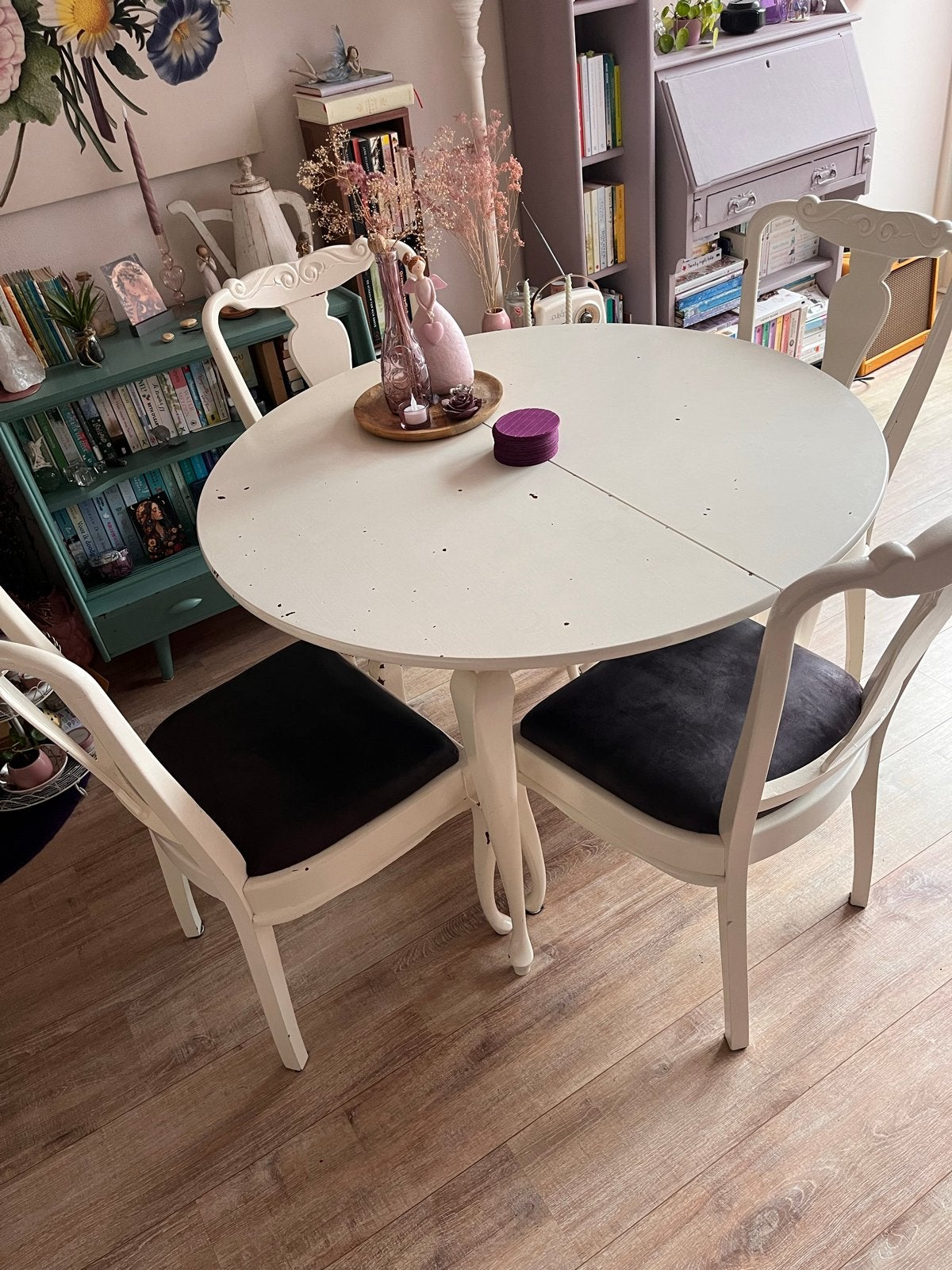Uitschuifbare eettafel met 4 stoelen - Crème/Wit