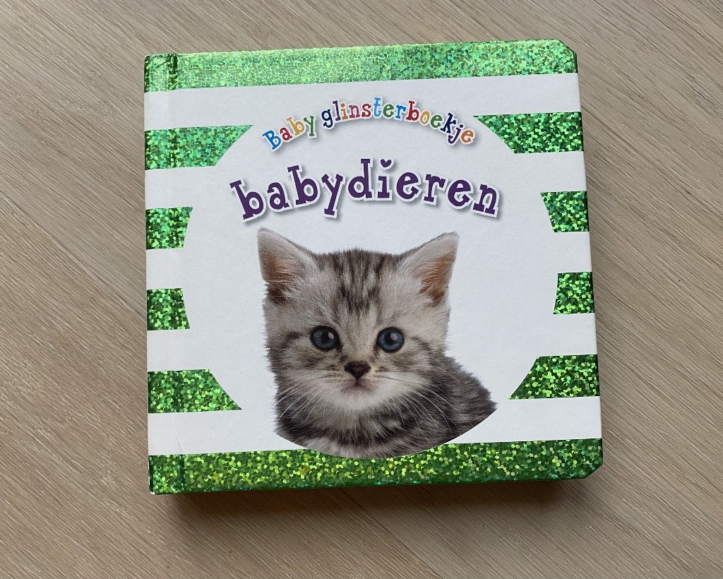 Baby glinsterboekje ‘babydieren’ | baby speelgoed, Ophalen of Verzenden, Zo goed als nieuw, Uitklap-, Voel- of Ontdekboek, 6 tot 12 maanden
