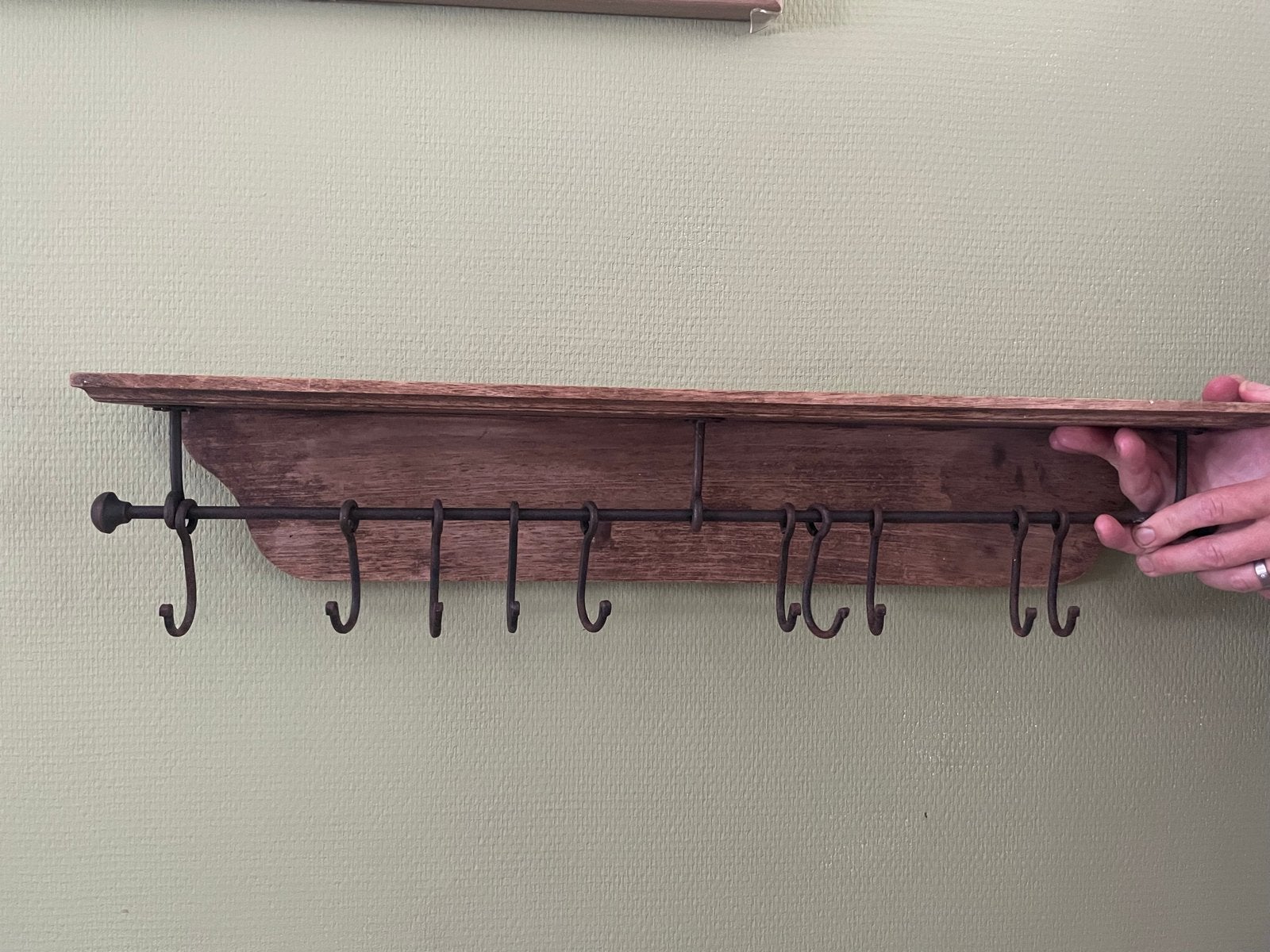 Brocante/antiek houten wandhanger met 10 ijzeren haken, Huis en Inrichting, Woonaccessoires | Kapstokken, Wandkapstok, Gebruikt
