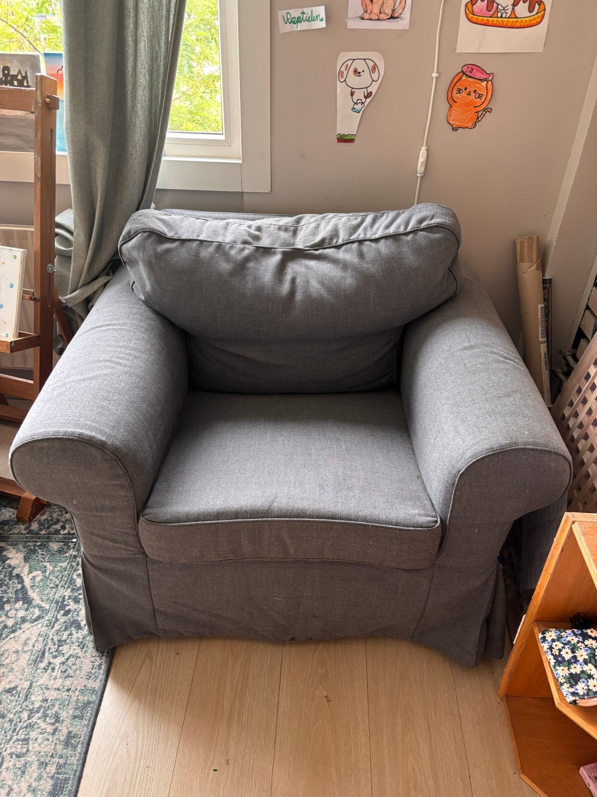 IKEA fauteuil - Comfortabele grijze stoffen stoel, Ophalen, Gebruikt, Stof, 75 tot 100 cm