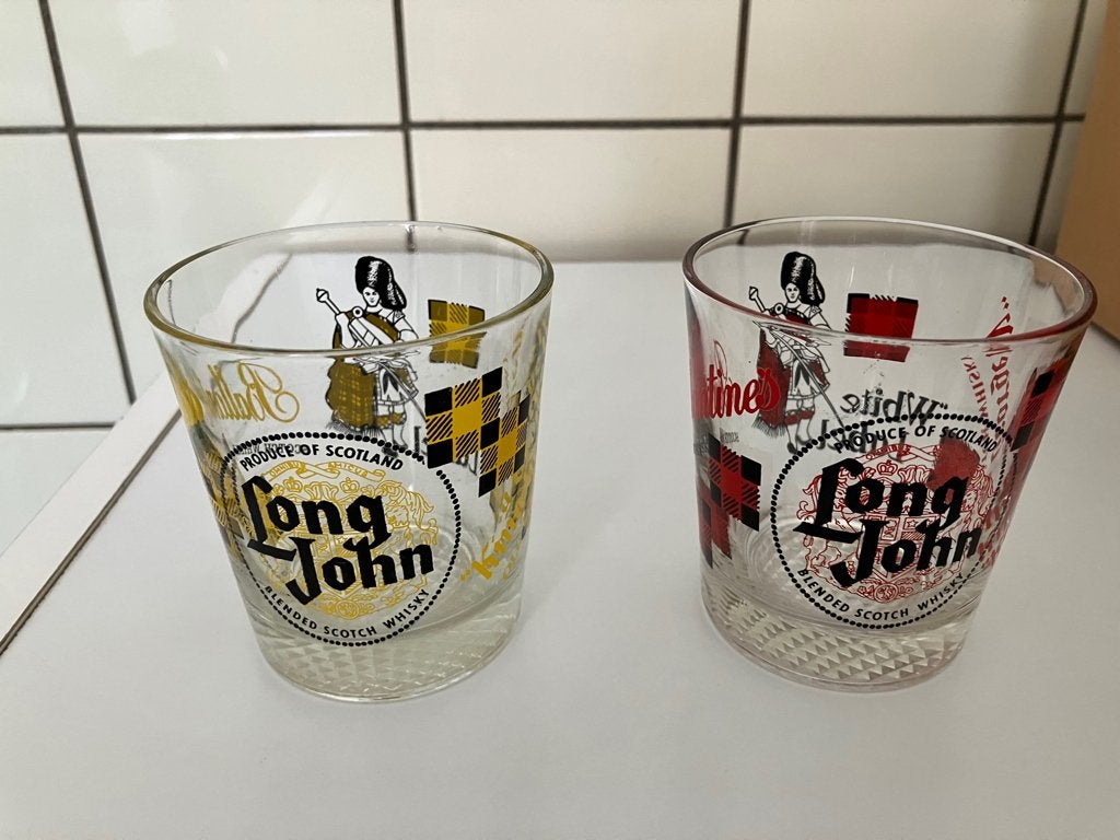 2 Long John glazen In de kleuren Geel en Rood, Verzamelen, Ophalen of Verzenden, Gebruikt, Overige typen