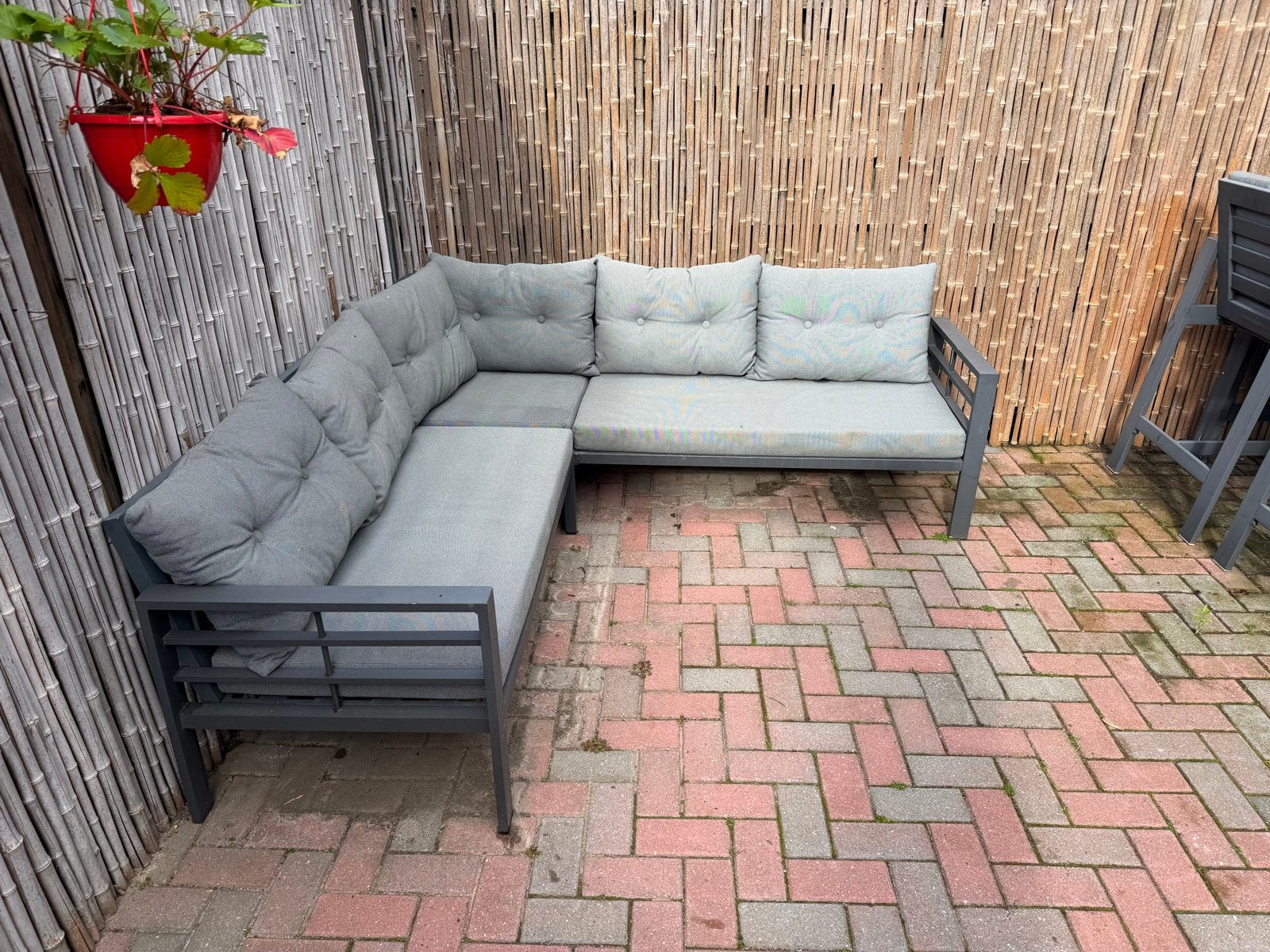 Moderne aluminium loungeset met grijze kussens, Tuin en Terras, Tuinsets en Loungesets, Ophalen, 5 zitplaatsen, Gebruikt, Aluminium