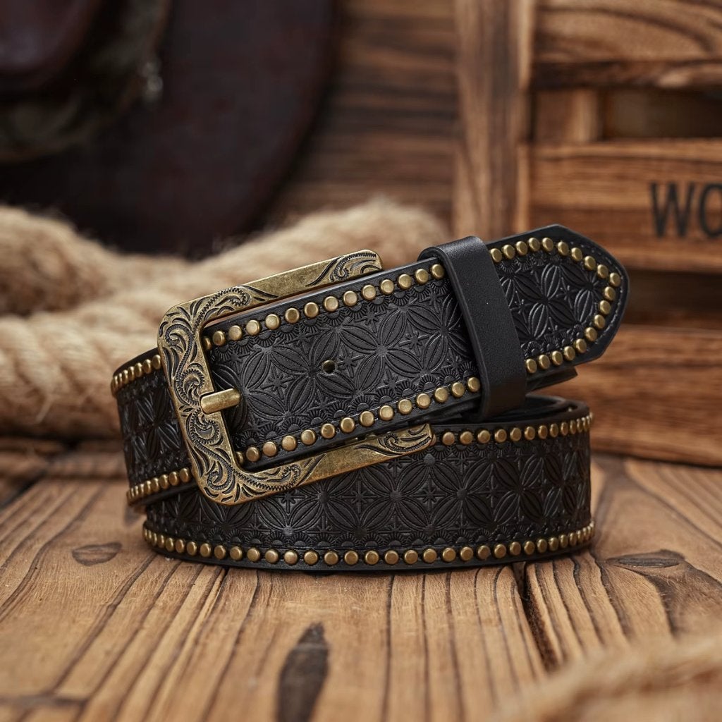 Zwarte kunstleren cowboyriem met bloemen motief, Verzenden, Zwart, Nieuw, 115 cm of meer
