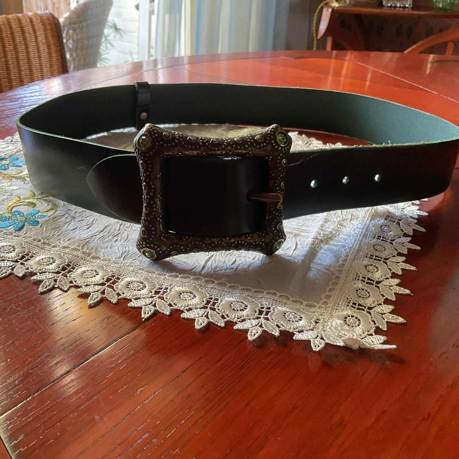 MOOIE STUG LEREN GROENE RIEM MET BRONSKLEURIGE GESP, Overige kleuren, Echt leder, Tailleriem, Ophalen of Verzenden