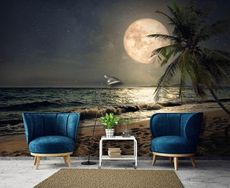 Fotobehang / Behang - Palmboom - Zee - Strand bij Volle Maan, Info@fotobehangkoning.nl, Fotobehang, 5 tot 10 m², Fotobehangkoning.nl
