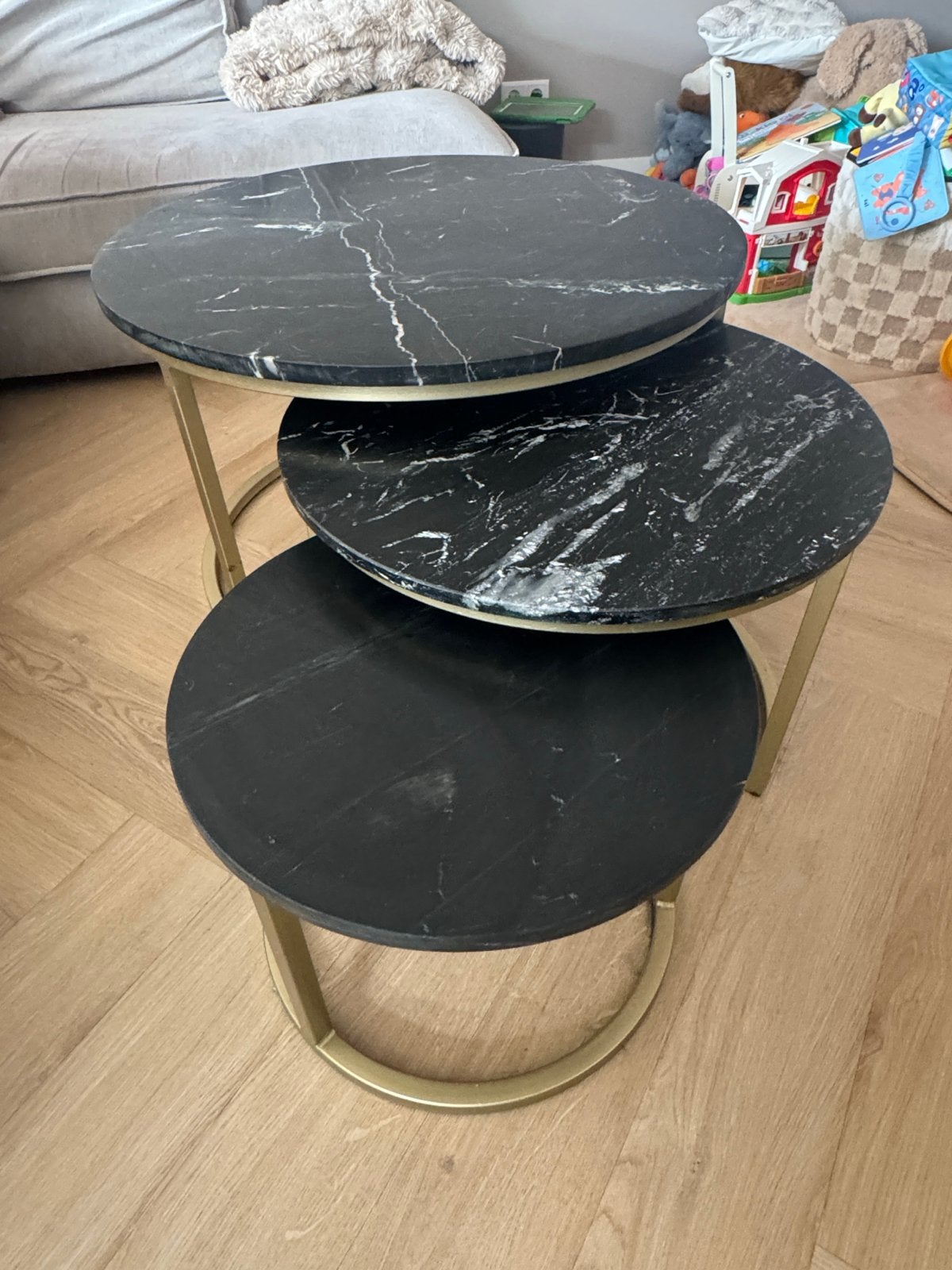 Salontafelset 3 stuks zwart marmer en goudkleurig onderstel, Huis en Inrichting, Tafels | Salontafels, Ophalen, 50 – 75, Rond