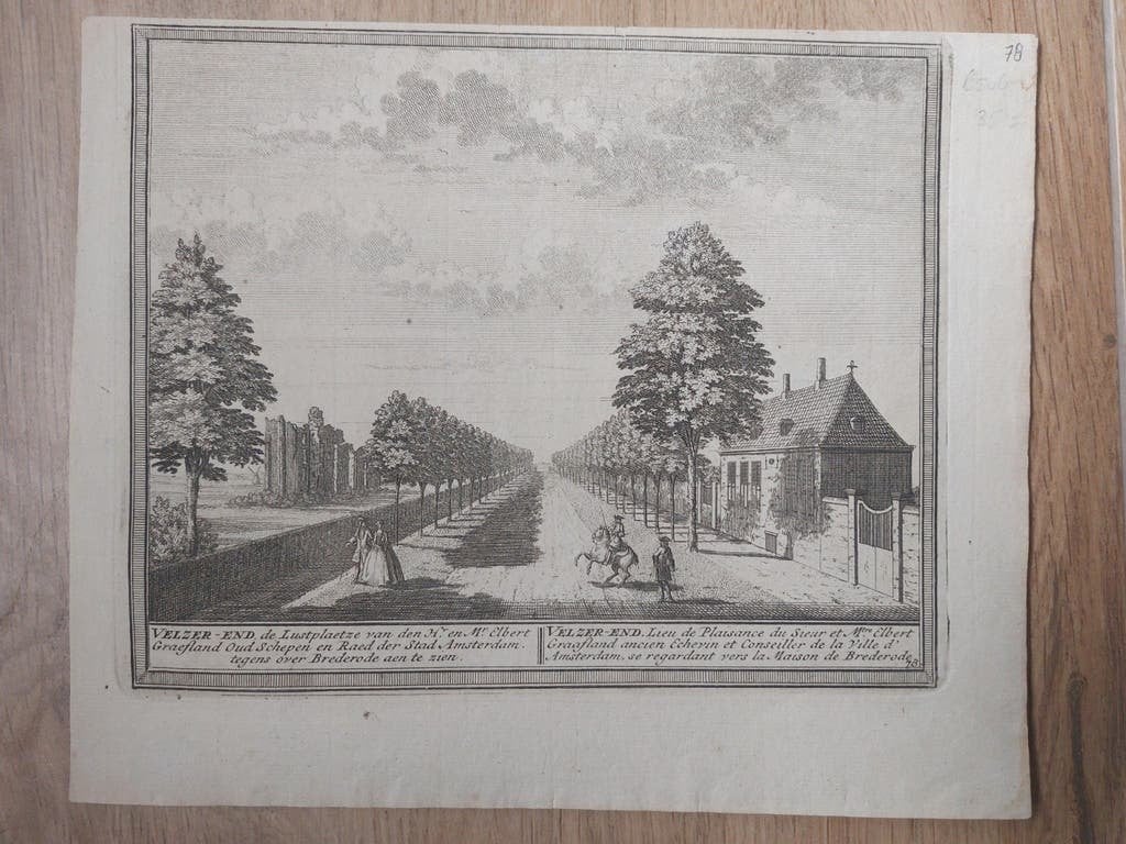 78 Velzer End te Velsen Santpoort Noord Gravure uit 1732, Stadsgezicht, 17 cm, Blanco verso, Ophalen of Verzenden