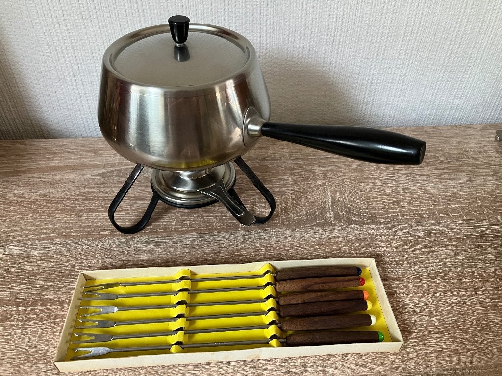 Fonduepan edelstaal met 6 vorken  , Witgoed en Apparatuur, Ophalen of Verzenden, Gebruikt, Brander, Fonduepan