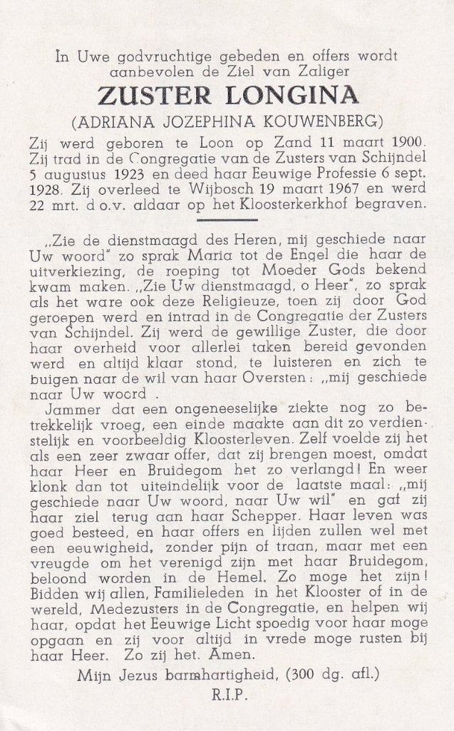 Kouwenberg 1900 Loon op Zand 1967 Wijbosch  zuster, Verzamelen, Bidprentjes en Rouwkaarten, Ophalen of Verzenden, Bidprentje